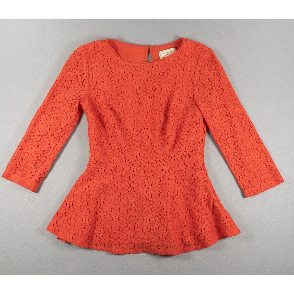 Moulinette Soeurs Anthropologie Peplum Top Orange Floral Lace 3/4 Sleeve Size 0